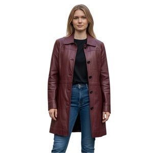 Real Leather 3/4 Length Coat, Front Button, Women’s, Color‎ burgundy, Sz. Medium